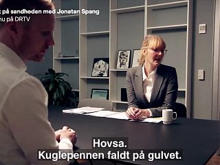 Danish mature Ditte Hansen pretends to lick nipple in skit